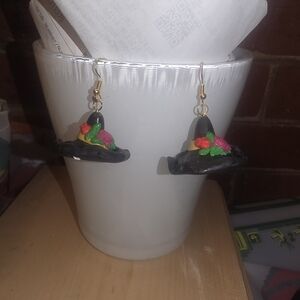 Floral Witch Hat Polymer Clay Earrings, Stainless Steel Metal, Fashion Jewelry